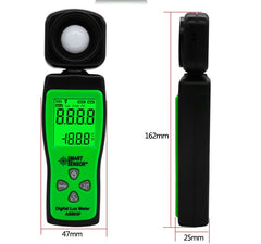 A Mini Digital Light Intensity Meter with an LCD display, black in color, showing a reading in lux on the screen.
