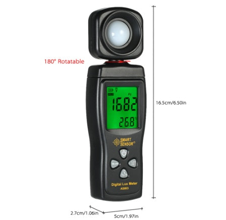 A Mini Digital Light Intensity Meter with an LCD display, black in color, showing a reading in lux on the screen.