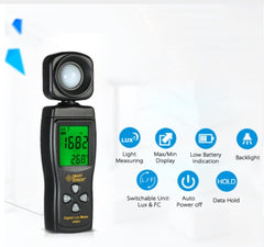 A Mini Digital Light Intensity Meter with an LCD display, black in color, showing a reading in lux on the screen.