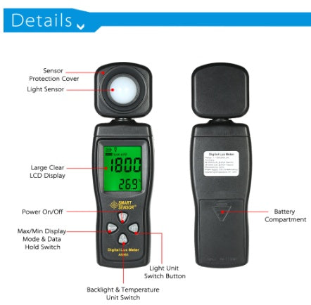 A Mini Digital Light Intensity Meter with an LCD display, black in color, showing a reading in lux on the screen.