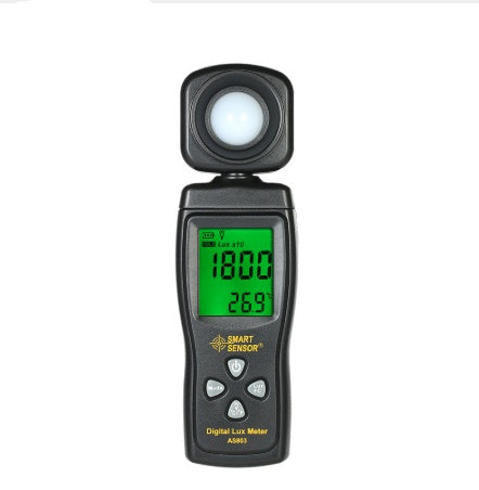 A Mini Digital Light Intensity Meter with an LCD display, black in color, showing a reading in lux on the screen.