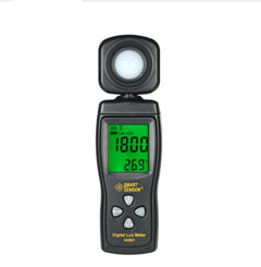 A Mini Digital Light Intensity Meter with an LCD display, black in color, showing a reading in lux on the screen.