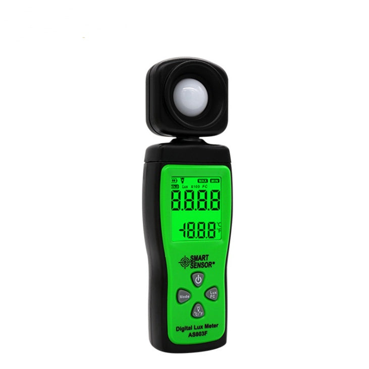 A Mini Digital Light Intensity Meter with an LCD display, black in color, showing a reading in lux on the screen.