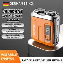 Orange and silver shaver with features listed on a dark background, branded as German Seiko.