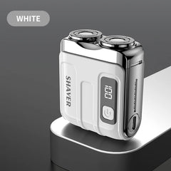 White electric shaver with digital display on a gray background