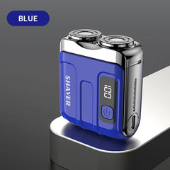 Blue electric shaver on a gray background with 'SHAVER' branding.