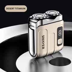 Shaver with digital display on a reflective surface, labeled 'Desert Titanium'.