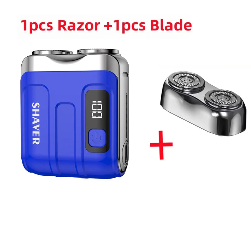 Blue shaver with digital display and additional blade on a white background