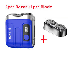 Blue shaver with digital display and additional blade on a white background
