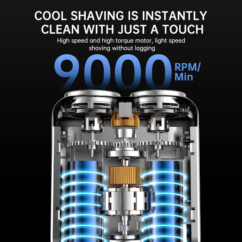 Shaving machine with 9000 RPM/min text on a black background