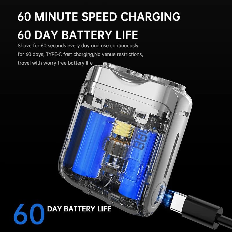 Shaving device with charging cable and text about speed charging and battery life on a black background
