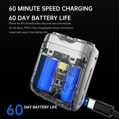 Shaving device with charging cable and text about speed charging and battery life on a black background