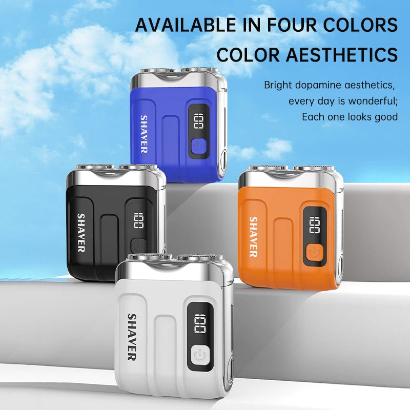 Four shaver devices in different colors with a blue sky background