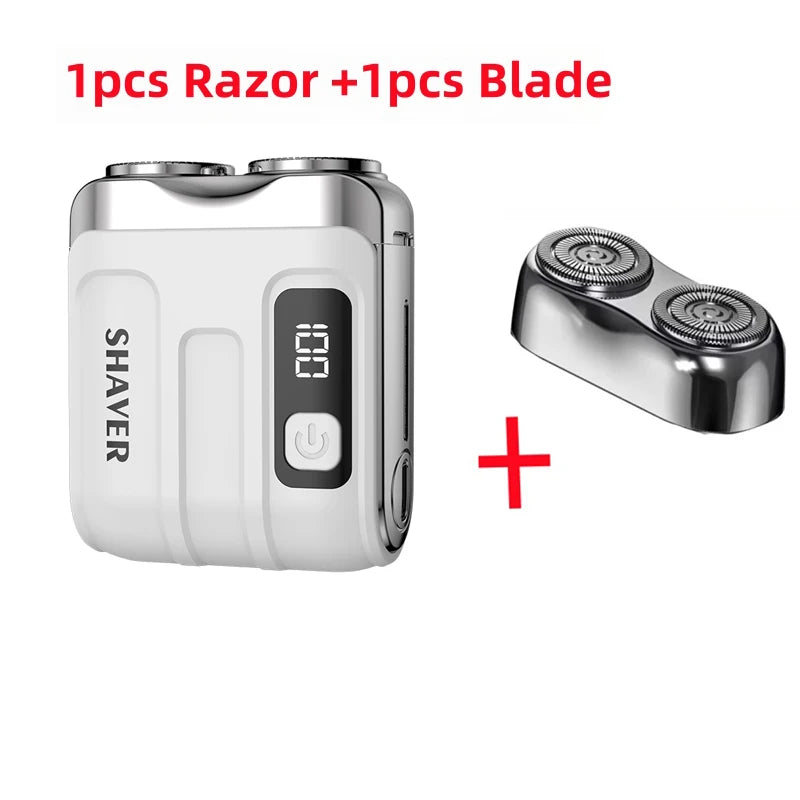 Electric shaver with digital display and additional blade on a white background