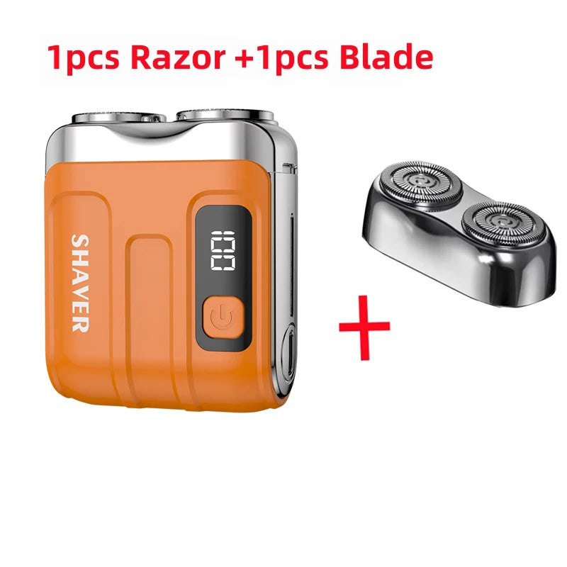 Orange shaver with digital display and blade attachment on a white background