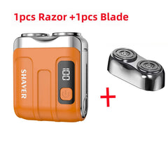 Orange shaver with digital display and blade attachment on a white background