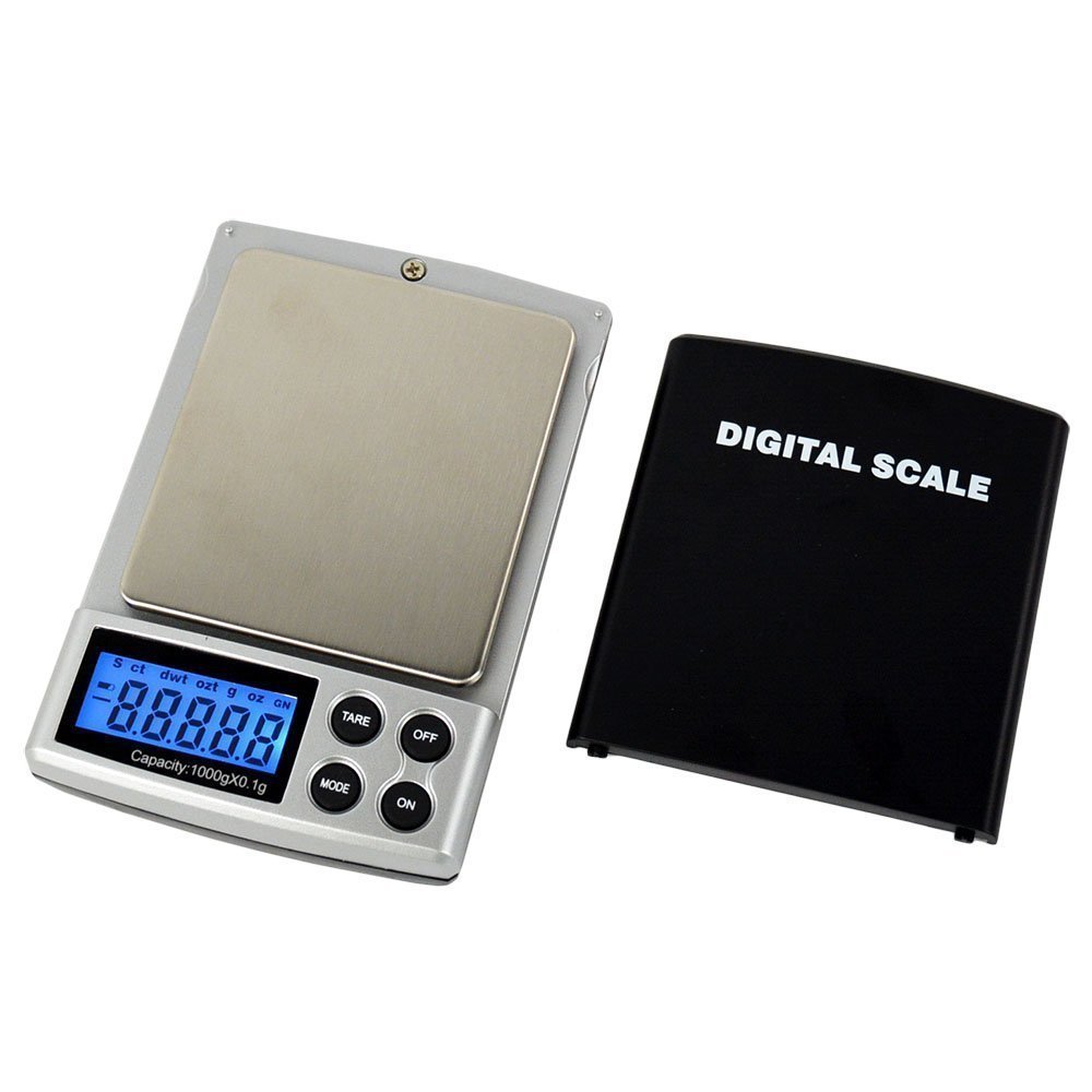 A small, silver electronic scale with a blue LCD screen and a stainless steel tray, with cover.