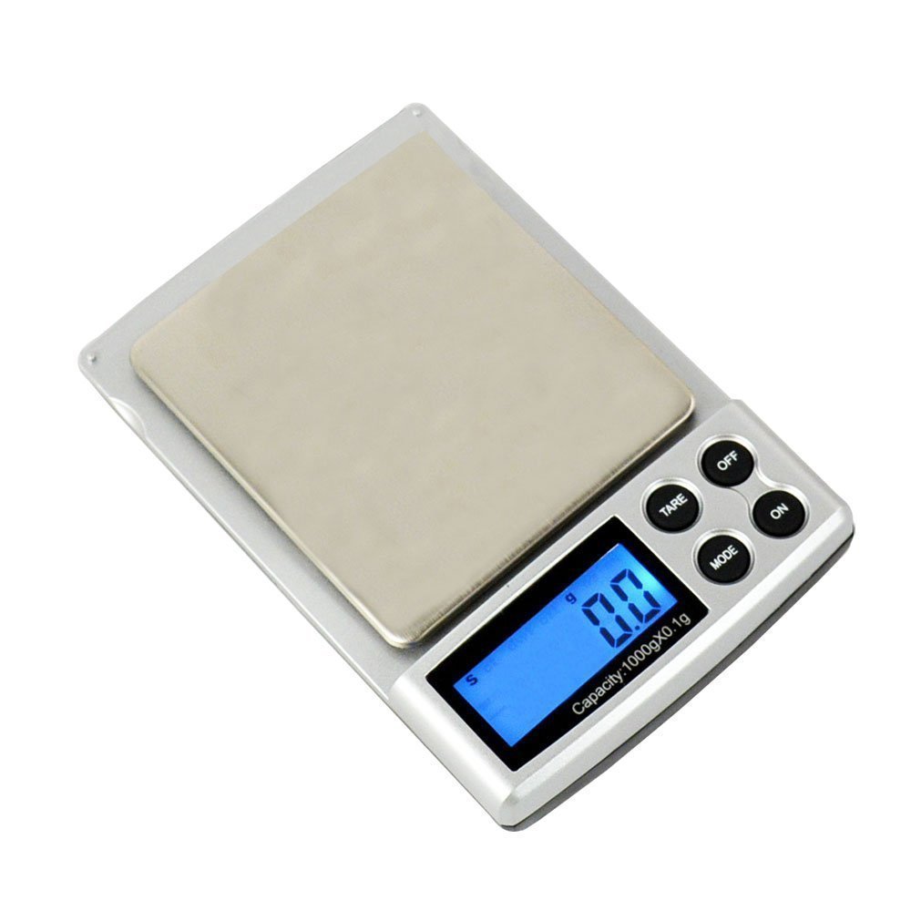 A small, silver electronic scale with a blue LCD screen and a stainless steel tray.