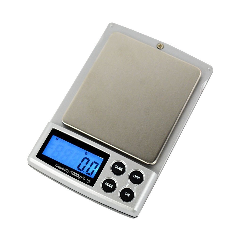 A small, silver electronic scale with a blue LCD screen and a stainless steel tray.