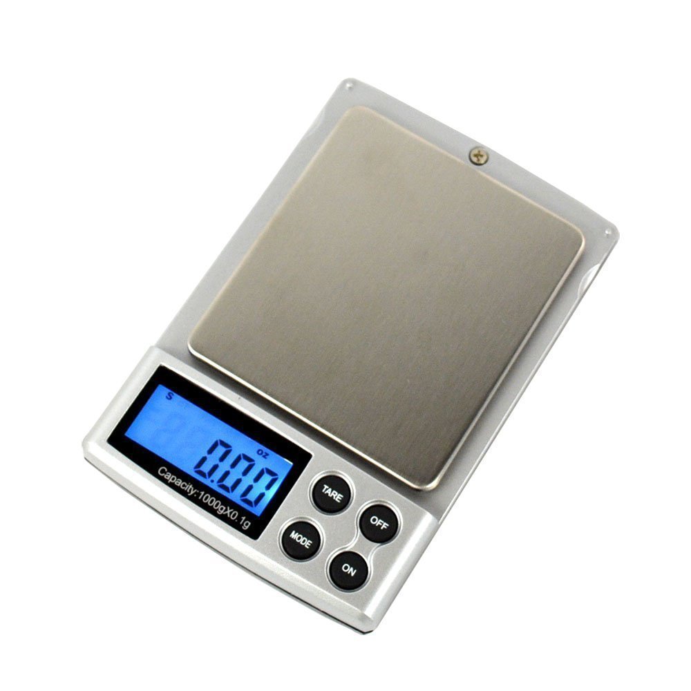 A small, silver electronic scale with a blue LCD screen and a stainless steel tray.