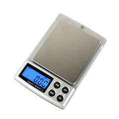 A small, silver electronic scale with a blue LCD screen and a stainless steel tray.
