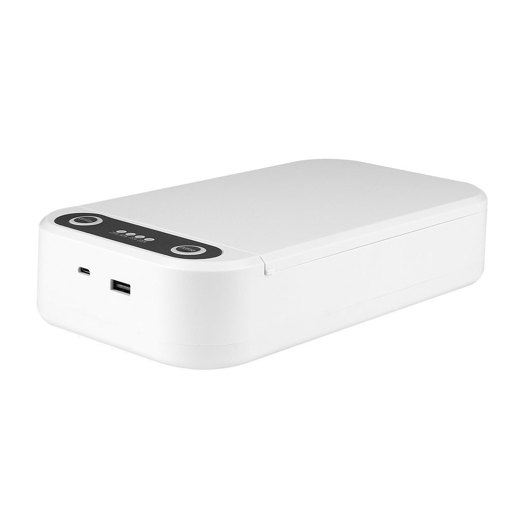 A white mobile phone disinfection box with a USB port on the front.