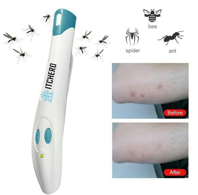 An electronic anti-itch device with images depicting mosquitoes, bees, spiders, and ants indicating the device's use for relieving bites. A before and after comparison on skin showing the effectiveness of the device.