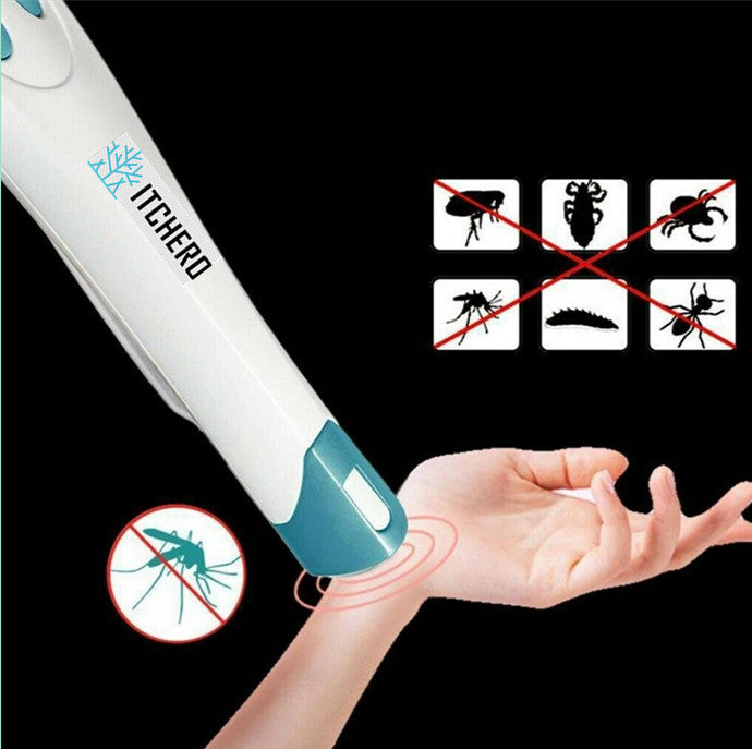 An electronic anti-itch device with images depicting mosquitoes, bees, spiders, and ants indicating the device's use for relieving bites.