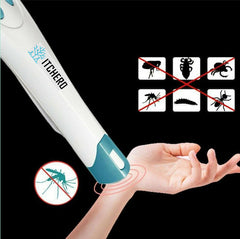 An electronic anti-itch device with images depicting mosquitoes, bees, spiders, and ants indicating the device's use for relieving bites.