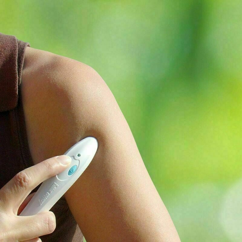 An electronic anti-itch device with images depicting mosquitoes, bees, spiders, and ants indicating the device's use for relieving bites.