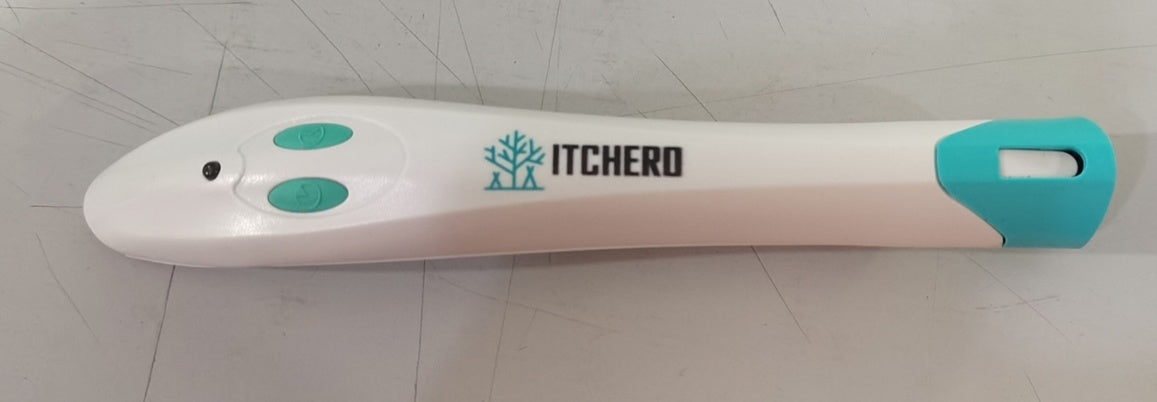 An electronic anti-itch device with images depicting mosquitoes, bees, spiders, and ants indicating the device's use for relieving bites.