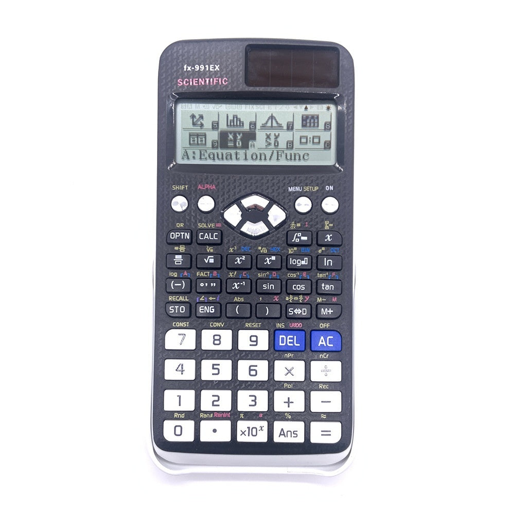A scientific calculator with a digital display, dark body, and labeled buttons for various mathematical functions.