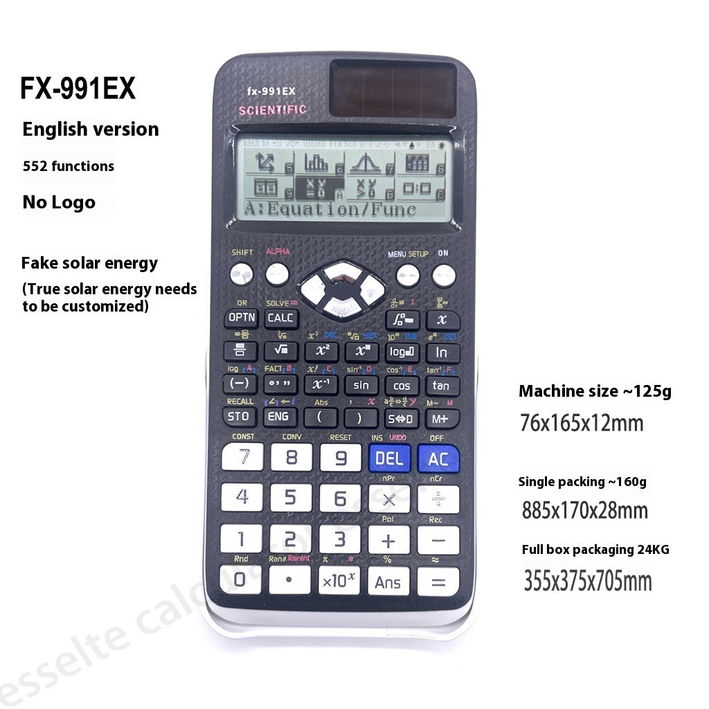 A scientific calculator with a digital display, dark body, and labeled buttons for various mathematical functions.