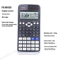 A scientific calculator with a digital display, dark body, and labeled buttons for various mathematical functions.