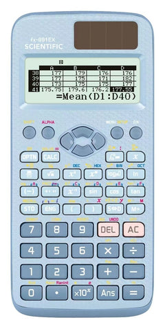 A scientific calculator with a digital display, dark body, and labeled buttons for various mathematical functions.