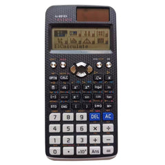 A scientific calculator with a digital display, dark body, and labeled buttons for various mathematical functions.