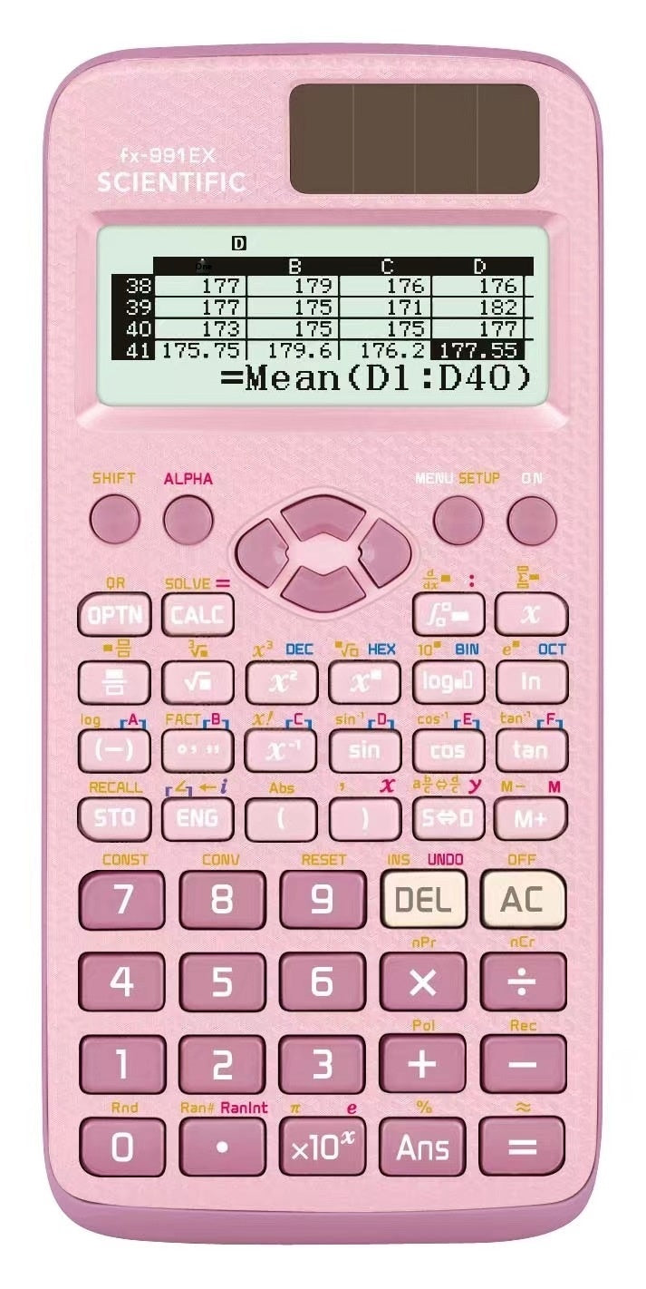 A scientific calculator with a digital display, pink body, and labeled buttons for various mathematical functions.