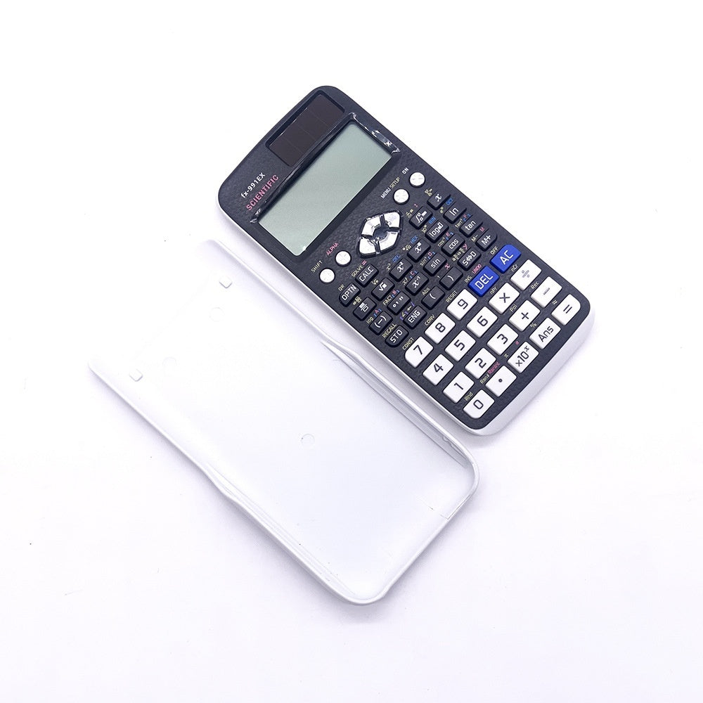 A scientific calculator with a digital display, dark body, and labeled buttons for various mathematical functions, with cover.