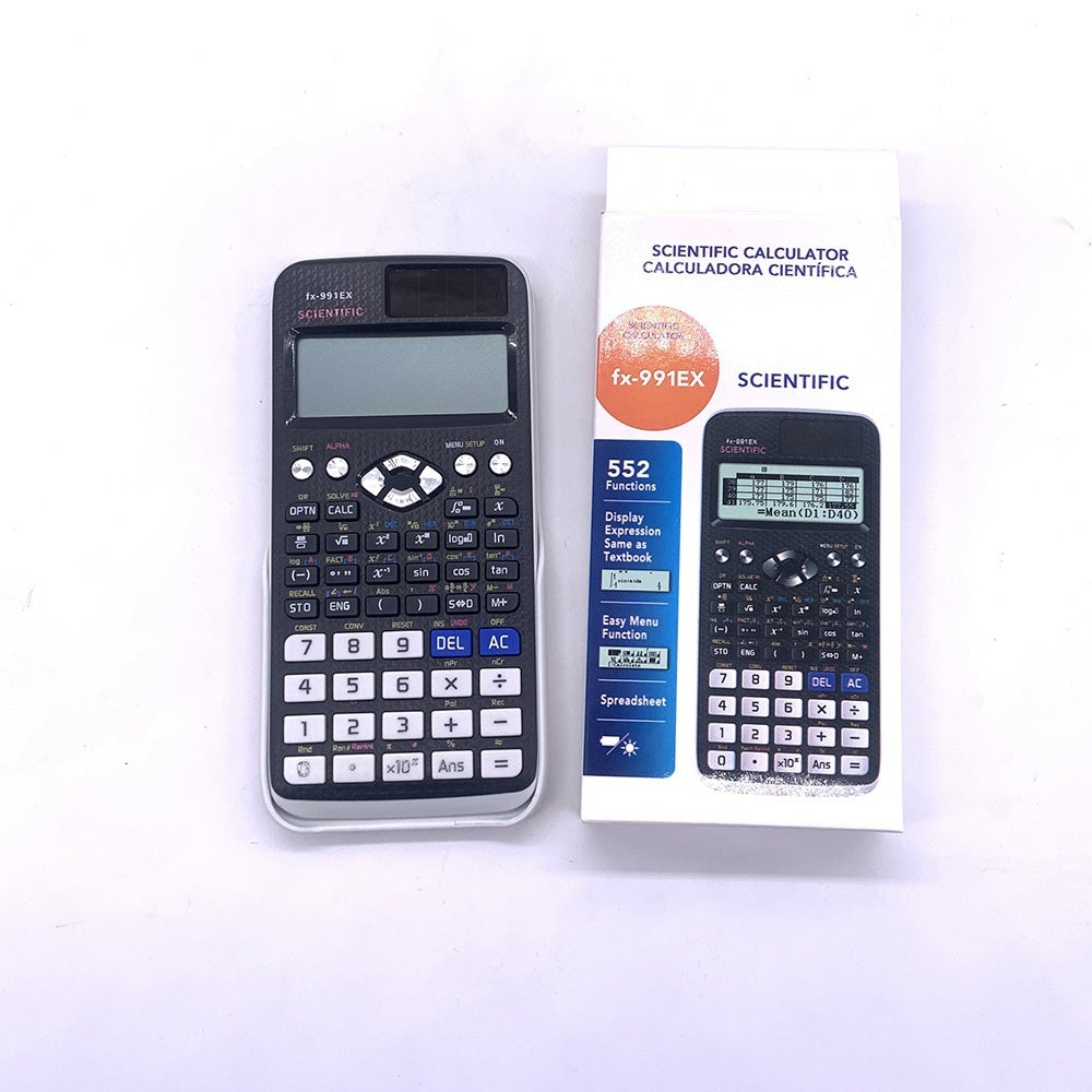 A scientific calculator with a digital display, dark body, and labeled buttons for various mathematical functions, with box.