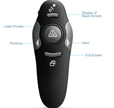 A wireless remote pointer with a red laser and buttons, alongside a USB receiver, in black color.