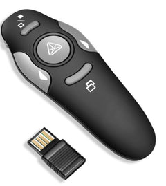 A wireless remote pointer with a red laser and buttons, alongside a USB receiver, in black color.