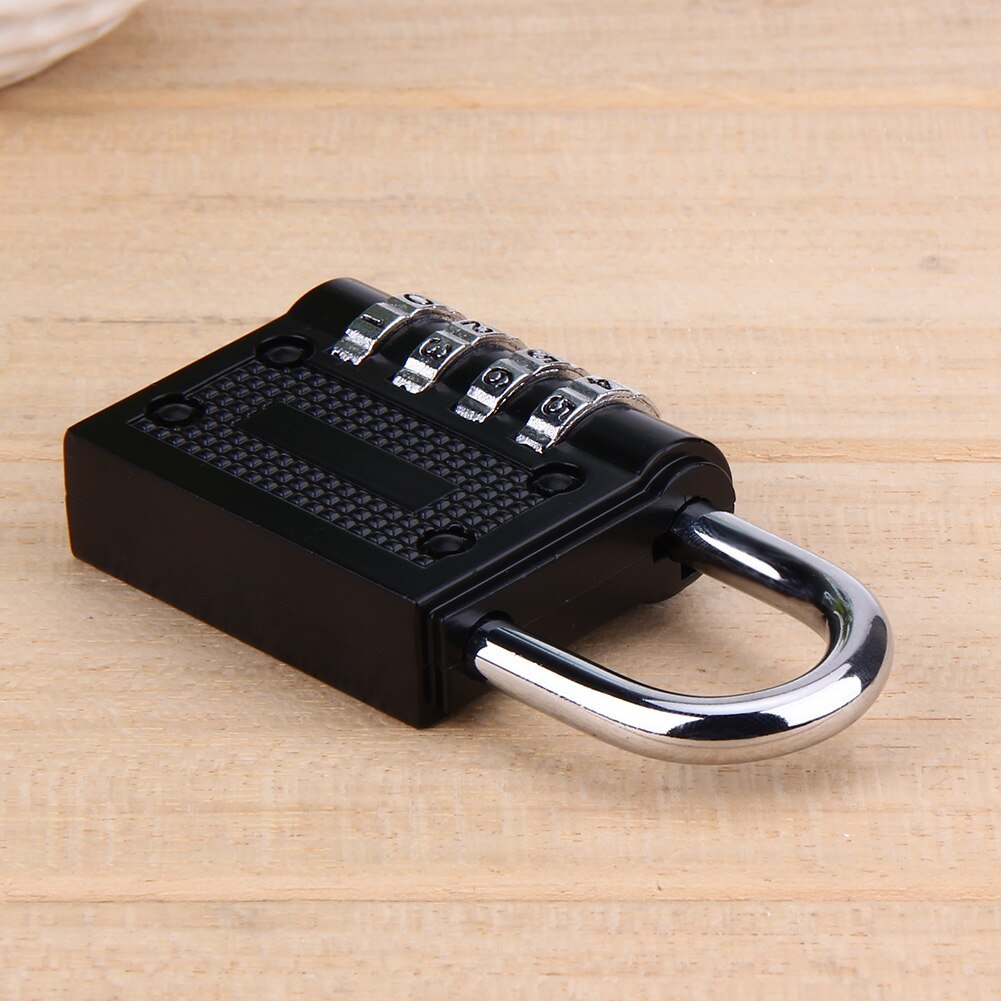 A black combination padlock made of zinc alloy, with a numeric keypad and a shiny metal shackle.