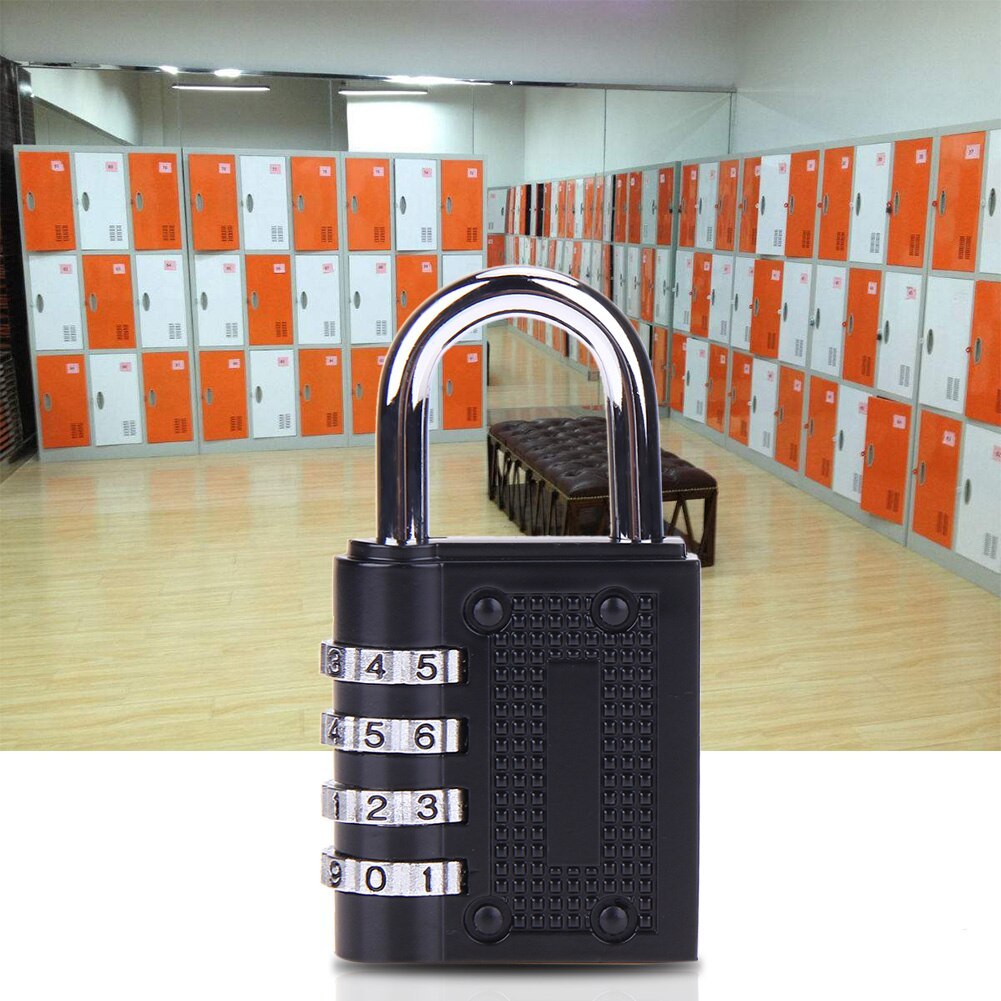 A black combination padlock made of zinc alloy, with a numeric keypad and a shiny metal shackle.