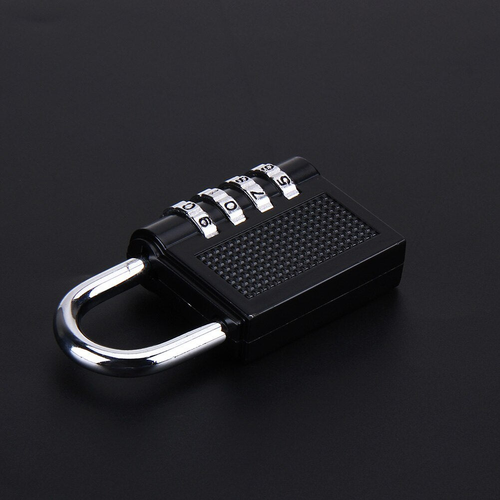 A black combination padlock made of zinc alloy, with a numeric keypad and a shiny metal shackle.
