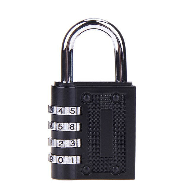 A black combination padlock made of zinc alloy, with a numeric keypad and a shiny metal shackle.