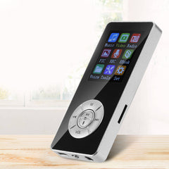 A portable media player with a matte black body, on-screen icons indicating music, video, radio, and other functions, and a microSD card slot.