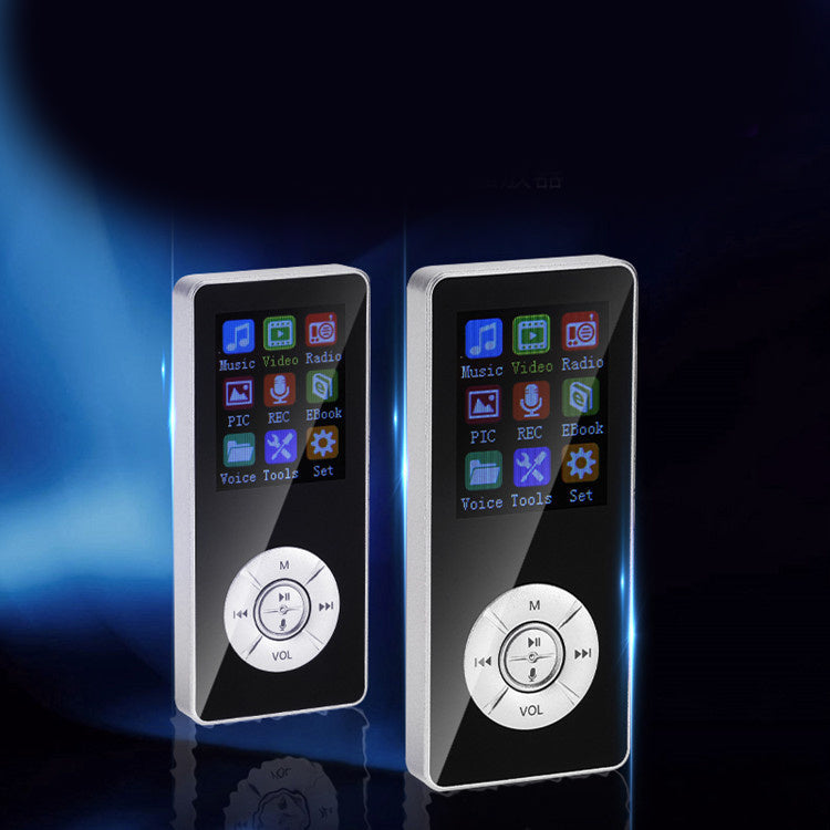 A portable media player with a matte black body, on-screen icons indicating music, video, radio, and other functions, and a microSD card slot.