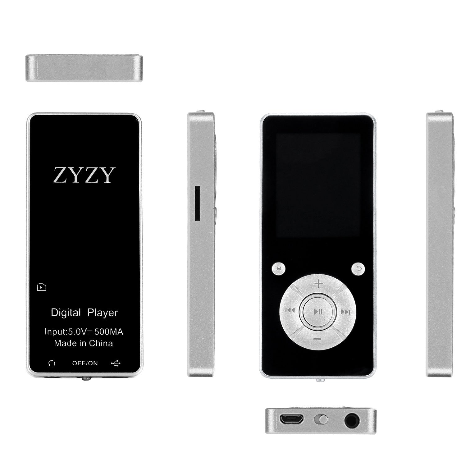 A portable media player with a matte black body, on-screen icons indicating music, video, radio, and other functions, and a microSD card slot.