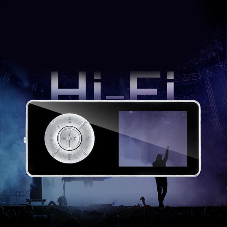 A portable media player with a matte black body, on-screen icons indicating music, video, radio, and other functions, and a microSD card slot.