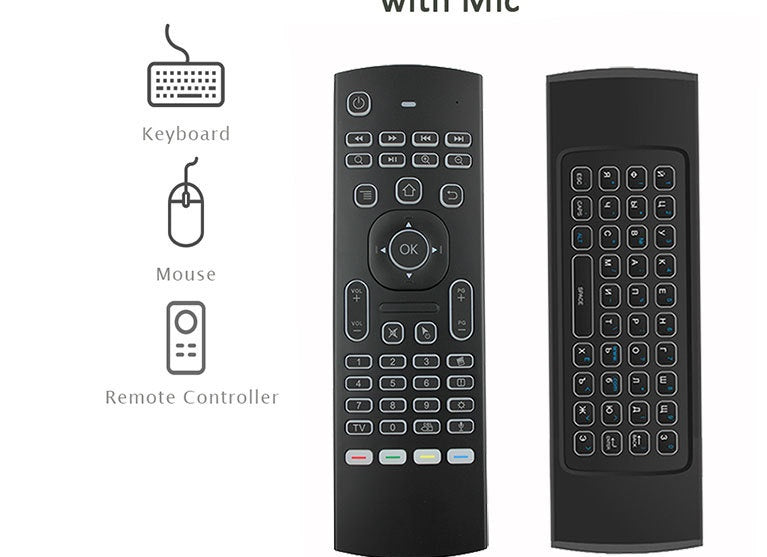 A black smart multifunctional remote control with a QWERTY keyboard and various buttons.